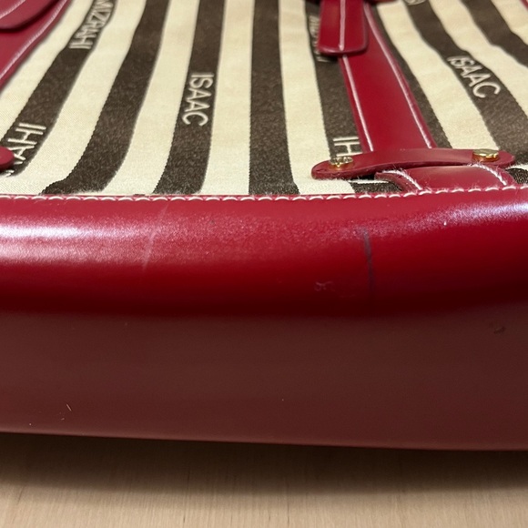 ISAAC MIZRAHI for TARGET Brown & Tan Striped Logo Tote w/ Faux Red Leather Trim - Picture 5 of 13
